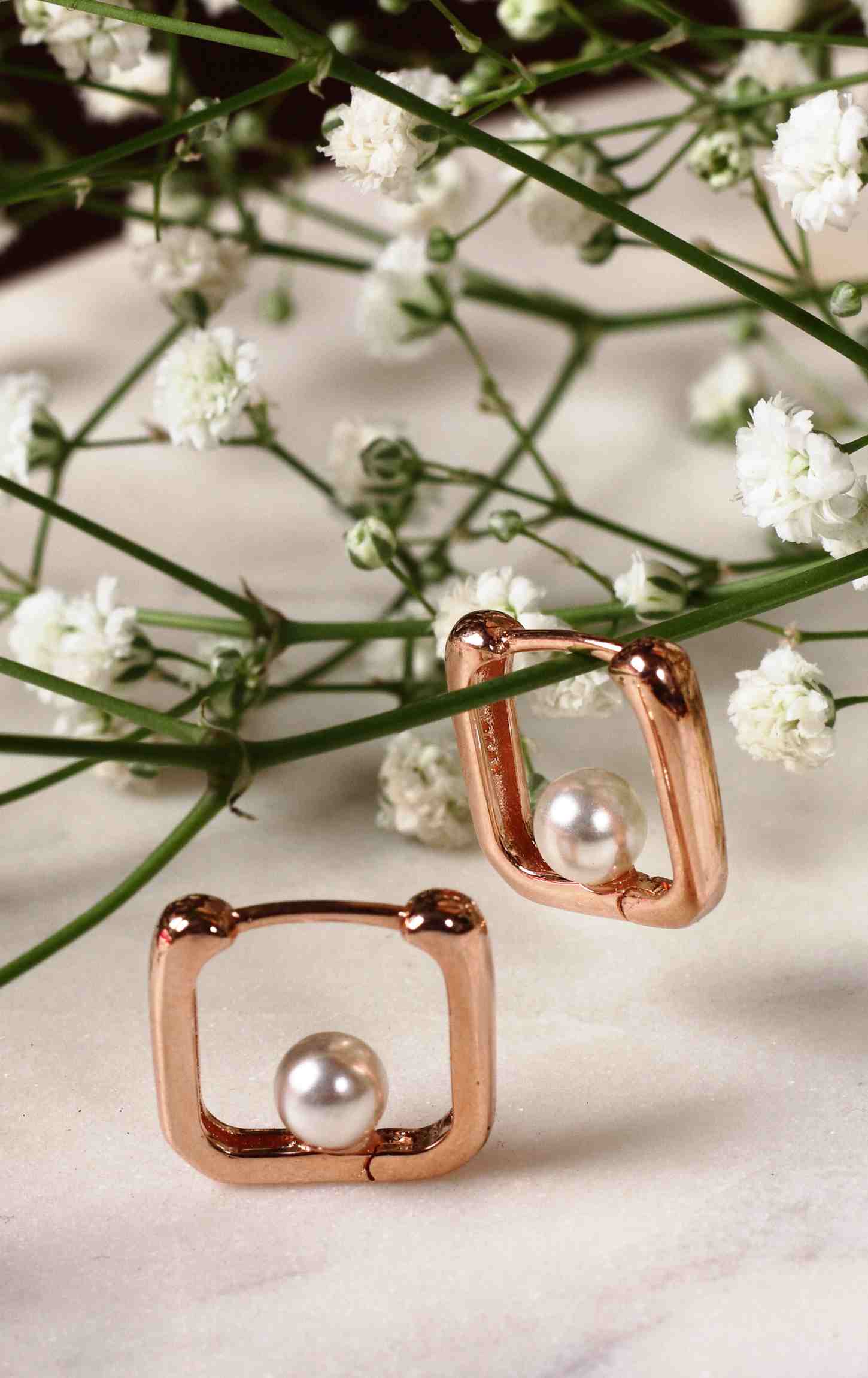 Pearl In A Square Hooping Rose Gold Earring